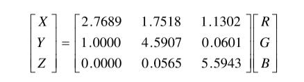 X、Y、Z和RGB系数之间关系式